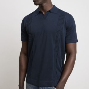 Reworked 3462 Polo in maglina manica corta a costine blu