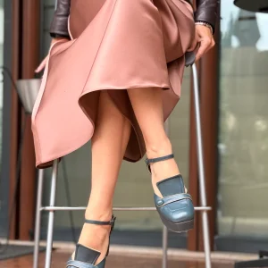 Nico Pet decollete in nappa verde petrolio con cinturini e con plateaux tacco 8.5 cm artigianale marchigiana