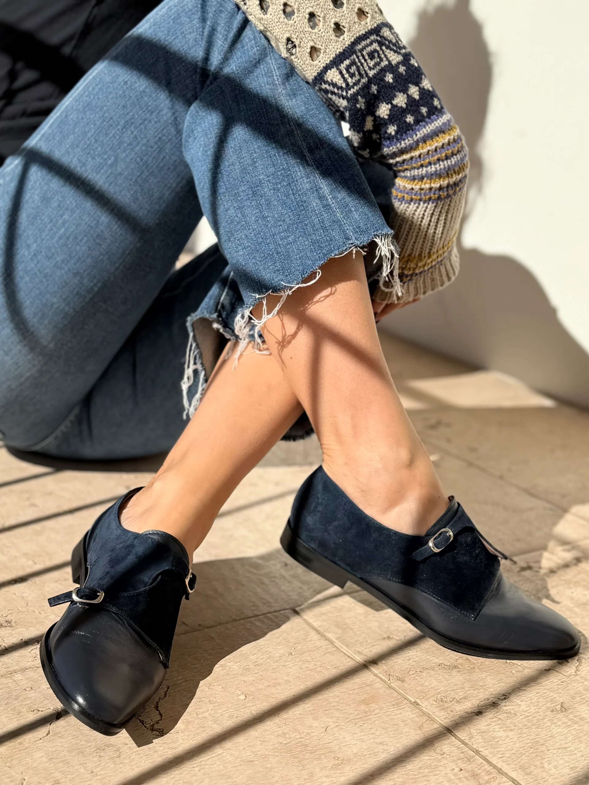 Ramsay Blue scarpina bassa in nappa e camoscio blu artigianale toscana - immagine 3