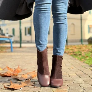 Amelia Prugna tronchetto in nappa prugna e camoscio marrone tacco 7 cm artigianale marchigiana