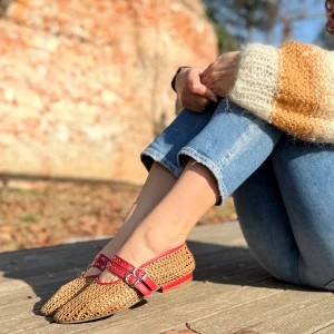 Mistero Red scarpina bassa in rafia noce tacco 1 artigianale toscana