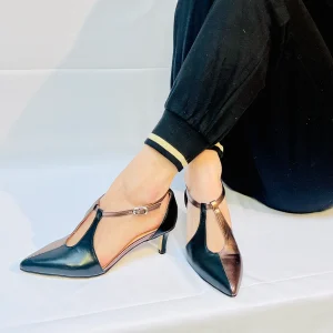 Celebro Double Black decollete sfilata con tacco 5 in nappa nera e bronzo artigianale toscana