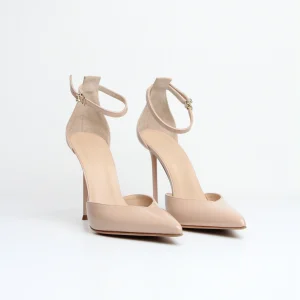 SS25-LAMYU. DÉCOLLETÉ IN PELLE VERNICE BEIGE CHIARO CON CINTURINO