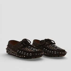 SS26-R50  Mocassino in Suede Marrone Scuro con Borchie