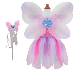 Costume Farfalla Arcobaleno - Set 3 Pezzi (Abito, Ali, Bacchetta)