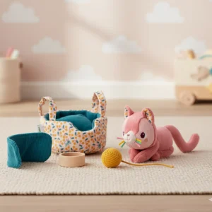Lilliputiens Jeanne – gatto di peluche con cestino | gioco per bambini 12 mesi